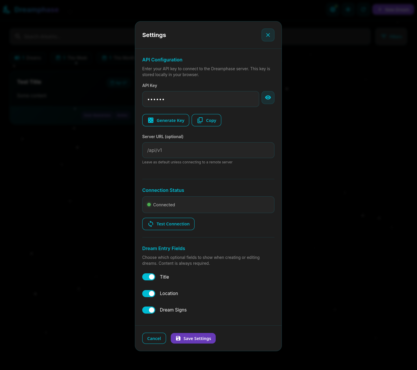 Settings panel showing API Key input, Generate Key and Copy buttons, an optional Server URL field defaulting to /api/v1, a green Connection Status indicator, a Test Connection button, and toggles for Title, Location, and Dream Signs under Dream Entry Fields.