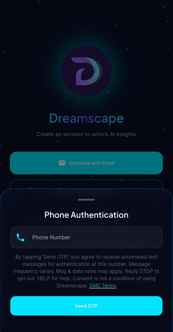 Screenshot of the Dreamscape phone authentication screen showing consent language displayed before the Send OTP button